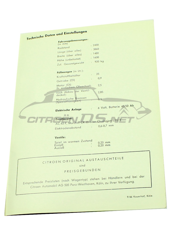 Betriebsanleitung   Citroen 3CV, ORIGINAL, 09/66, die deutsche Ausgabe