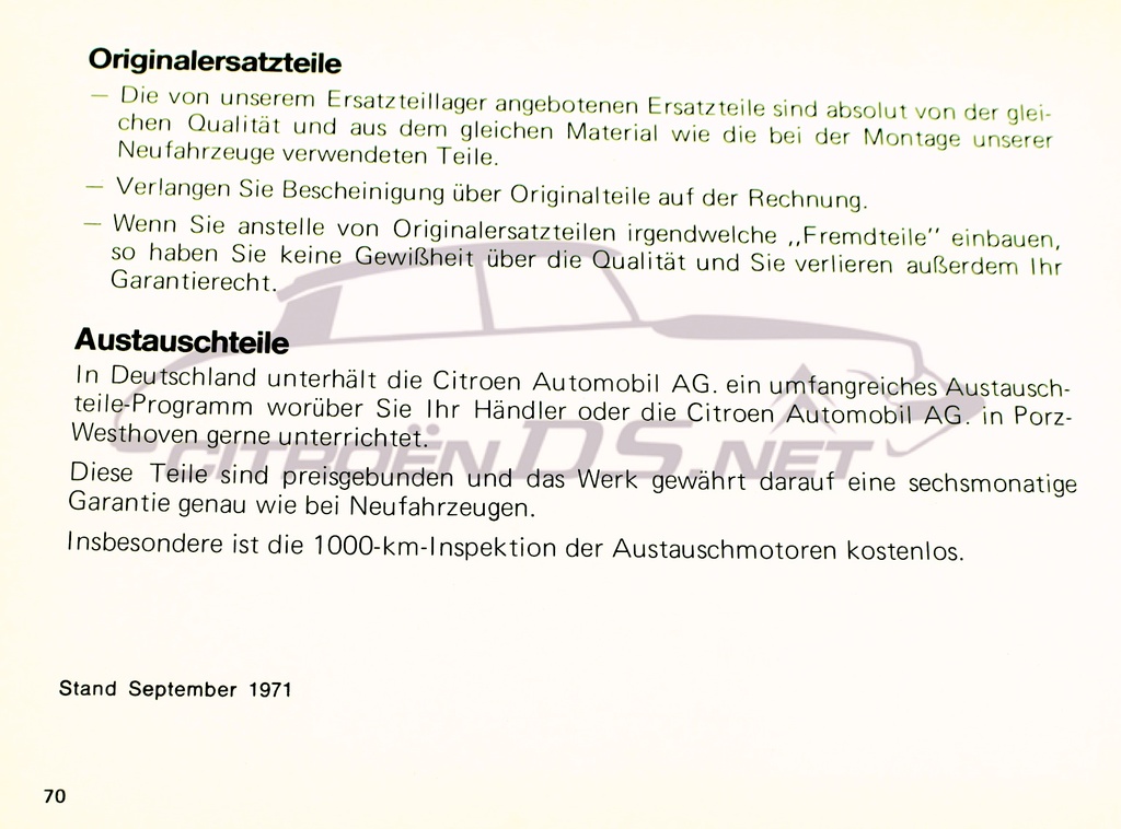 Betriebsanleitung   Citroen Dyane, ORIGINAL, Sept. 70/71, die deutsche Ausgabe