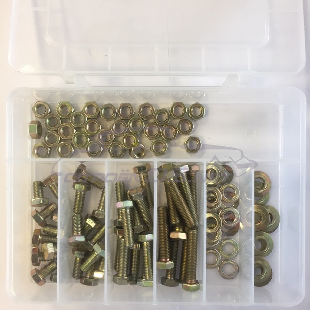 Assortment of 90 pieces: M7 screws, nuts, washers, yellow galvanized