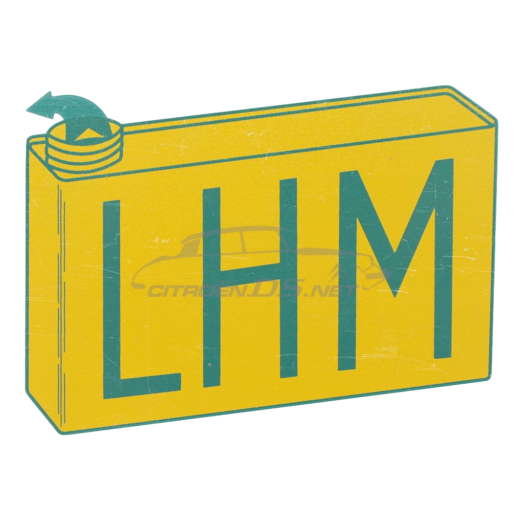 Blechschild auf Hydraulikbehälter 'LHM' auf gelbem Grund