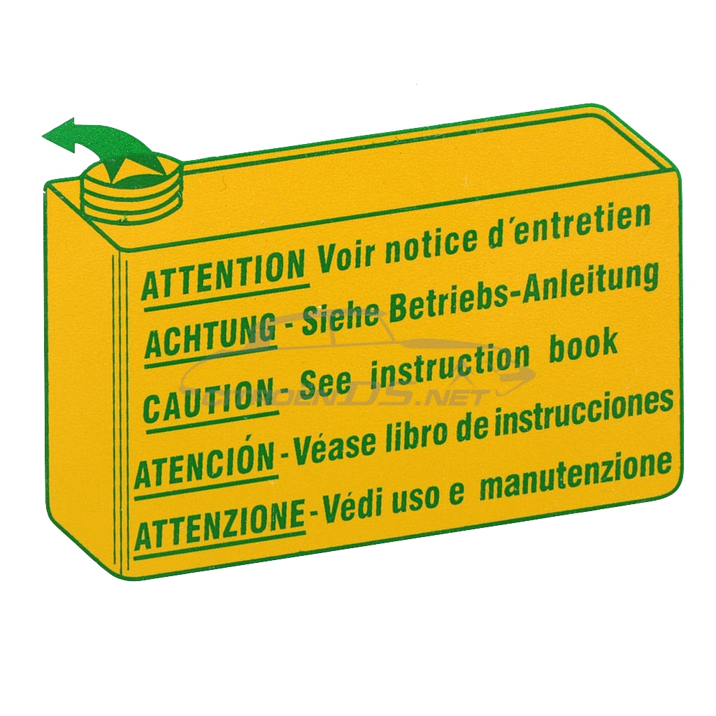 Plaque alu peinte en jaune sur bocal "Attention: voir notice d’entretien" LHM