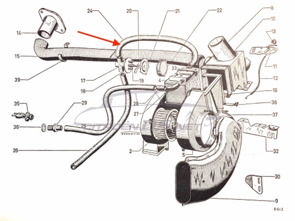 Water hose from heater valve to heater matrix