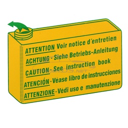 [308257] Plaque alu peinte en jaune sur bocal &quot;Attention: voir notice d’entretien&quot; LHM